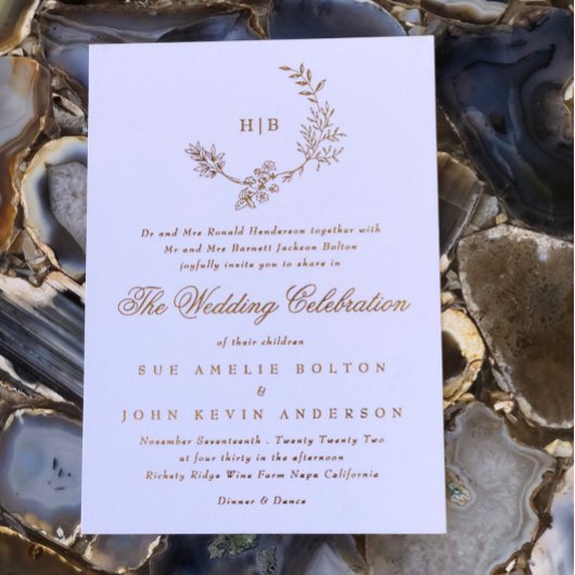 Mooie bloemige GOUDE monogram geschetste trouw Folie Uitnodiging