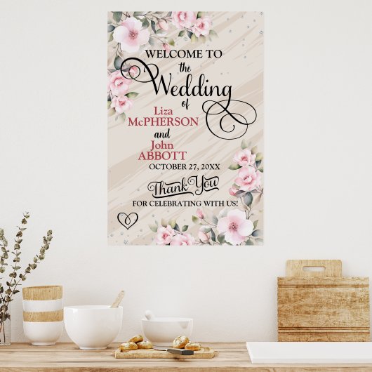 Mooie bloemige huwelijks welkomstbord poster (Keuken)