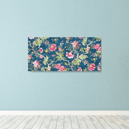 Mooie bloemige kleurrijke bloemen blauwe achtergro canvas afdruk (Insitu (Houten vloer))