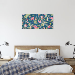 Mooie bloemige kleurrijke bloemen blauwe achtergro canvas afdruk