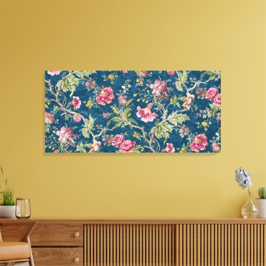 Mooie bloemige kleurrijke bloemen blauwe achtergro canvas afdruk (Insitu (Woonkamer))