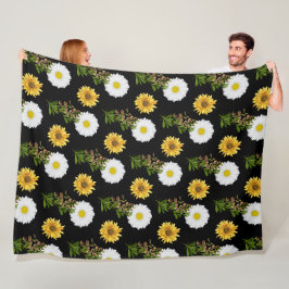 Mooie Bloemige Madelief Zonnewiel op Zwart  Fleece Deken