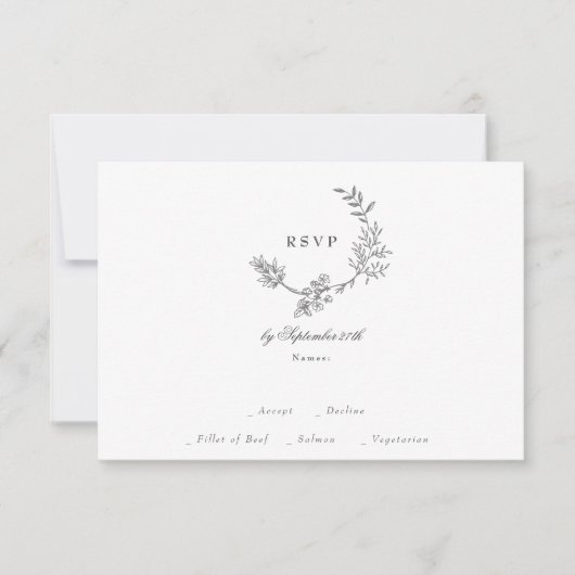 Mooie bloemige monogram geschetste krans bruiloft RSVP kaartje (Voorkant)
