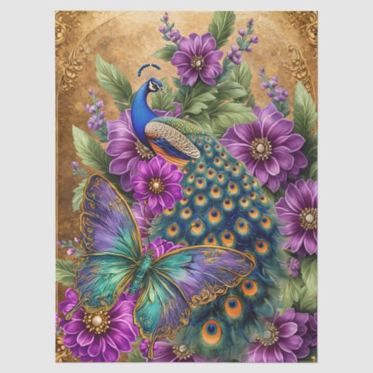 Mooie Bloemige Pauw Decoupage Tissuepapier (Voorkant)
