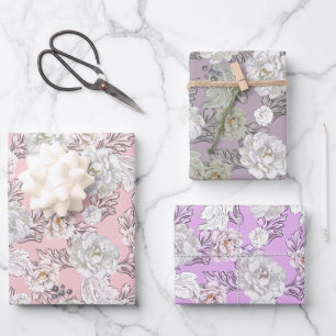 Mooie bloemige pioenrozen en bladeren cadeauverpak inpakpapier vel
