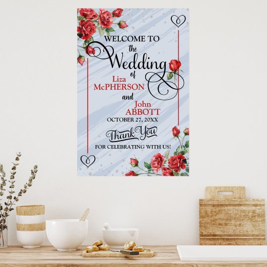 Mooie bloemige rode rozen bruiloft welkom poster (Keuken)