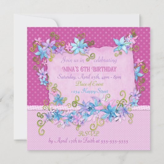 Mooie bloemige roze polka stippen verjaardagsfeest kaart (Achterkant)