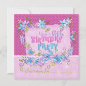 Mooie bloemige roze polka stippen verjaardagsfeest kaart (Voorkant)