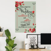Mooie bloemige saliegroene en rode rozen bruiloft poster (Thuiskantoor)
