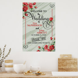 Mooie bloemige saliegroene en rode rozen bruiloft poster