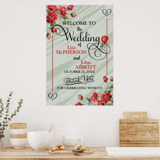 Mooie bloemige saliegroene en rode rozen bruiloft poster (Keuken)