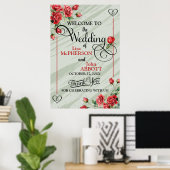 Mooie bloemige saliegroene en rode rozen bruiloft poster (Thuiskantoor)
