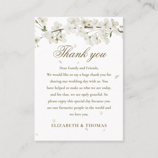 Mooie bloemige trouw witte bloesem dank je wel plaatskaartje (Voorkant)