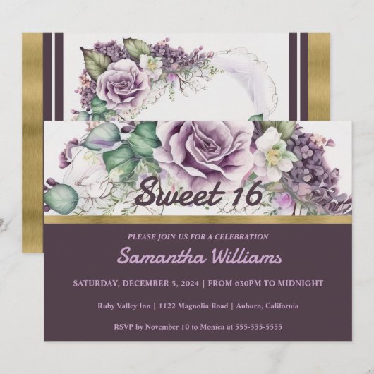 Mooie bloemige uitnodiging voor Sweet 16 (Voorkant / Achterkant)