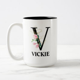 Mooie bloemige V monogram alfabet Tweekleurige Koffiemok