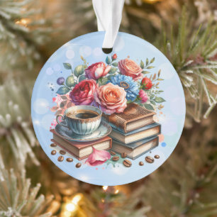 Mooie bloemige vintage boeken en koffie met Kerstm Ornament