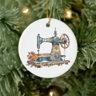 Mooie bloemige vintage naaimachine Kerstmis Keramisch Ornament
