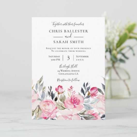 Mooie bloemige waterverf lente bruiloft kaart (Staand voorkant)