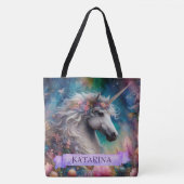 Mooie Bloemige Whimsical Eenhoorn Aangepaste Naam Tote Bag (Voorkant)