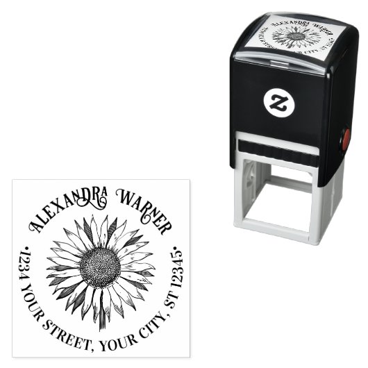 Mooie bloemige zonnebloem #2A naam retouradres Zelfinktende Stempel (In situ)