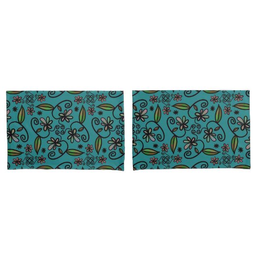 Mooie Bloemmotief Teal Kussensloop (Voorkant-Set)