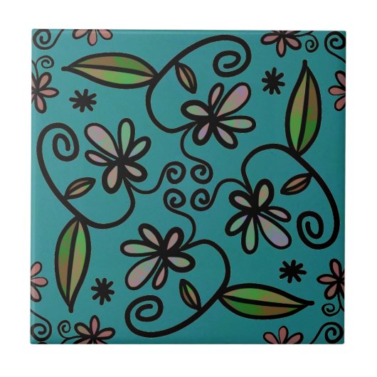 Mooie bloemmotief teal tegeltje (Voorkant)