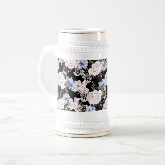 Mooie Bloempatroon Rozen Iris Roze Blauw Bierpul (Voorkant links)