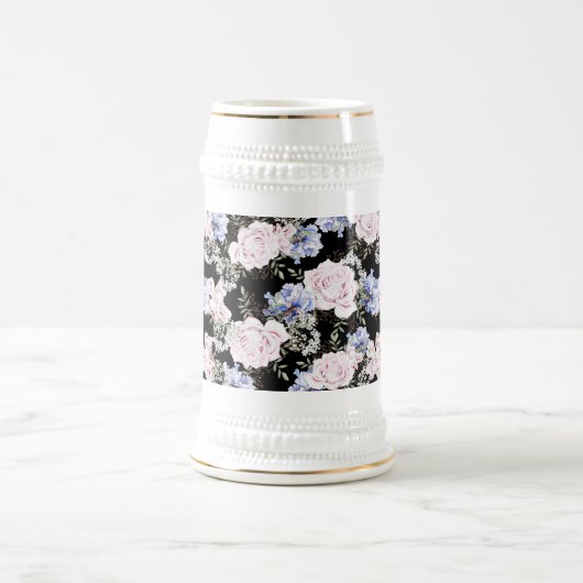 Mooie Bloempatroon Rozen Iris Roze Blauw Bierpul (Center)