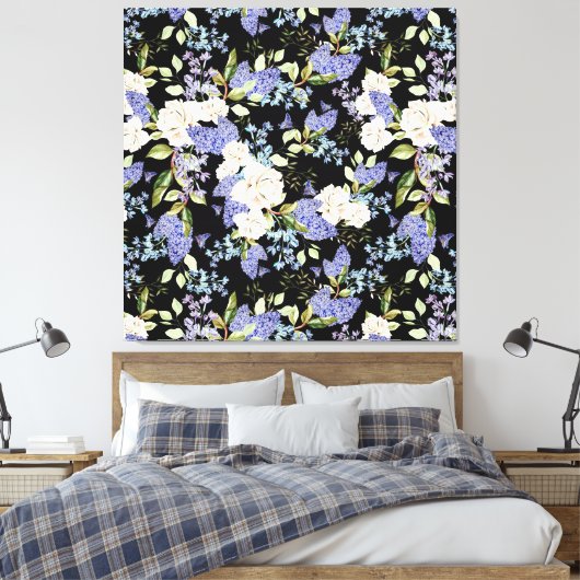Mooie Bloempatroon Rozen Iris Roze Blauw Canvas Afdruk (Insitu (Slaapkamer))