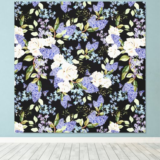 Mooie Bloempatroon Rozen Iris Roze Blauw Canvas Afdruk (Insitu (Houten vloer))