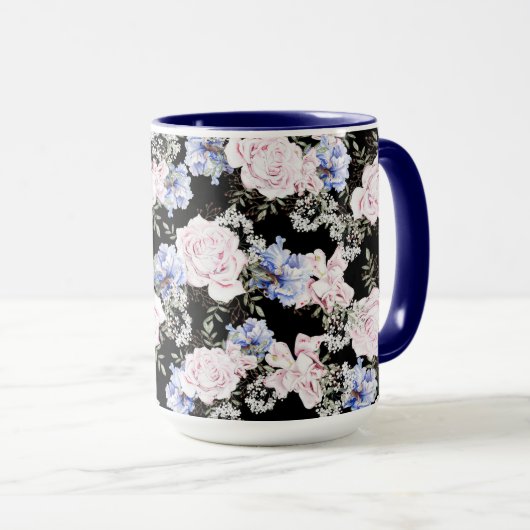 Mooie Bloempatroon Rozen Iris Roze Blauw Mok (Voorkant rechts)