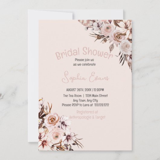 Mooie Bloemrijke Boho Beige Bruidsdouche Kaart (Voorkant)