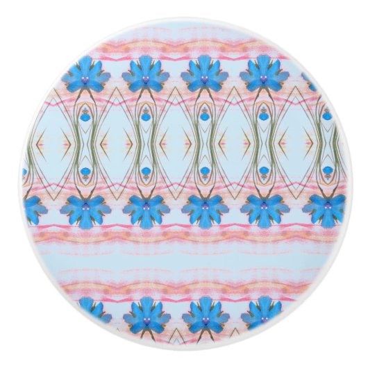 Mooie bloemrijke kabinettrek in blauw en roze keramische knop (Voorkant)