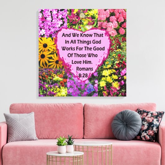 MOOIE BLOEMRIJKE ROMEINEN 8:28 BIJBELVERS CANVAS AFDRUK (Insitu (Woonkamer))