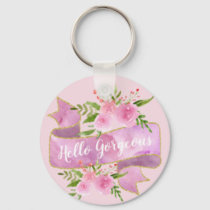 Mooie Bloemrijke Roze Hello Gorgeous Goud Sleutelhanger