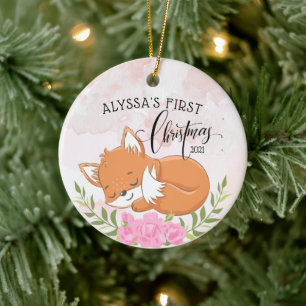 Mooie bloemrijke vos baby's eerste kerst keramisch ornament