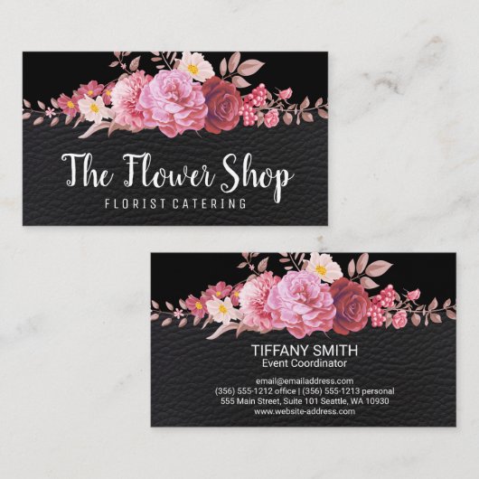 Mooie bloemschikken | lederen textuur visitekaartje (Voorkant / Achterkant)