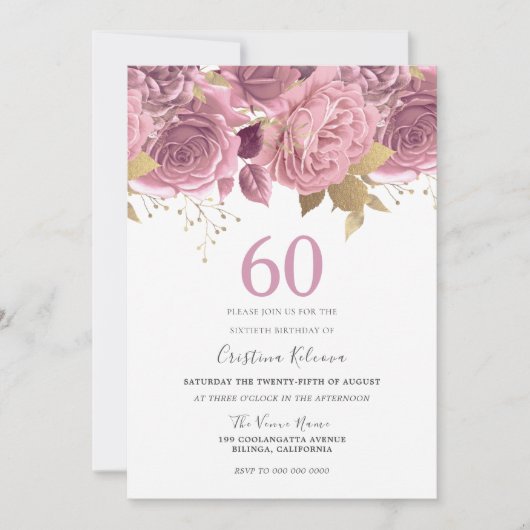 Mooie bloesem en gouden 60ste verjaardag kaart (Voorkant)