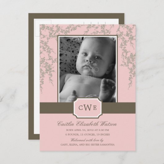 Mooie Bloesems Baby Geboorteaankondiging (Roze) Aankondigingskaart (Voorkant / Achterkant)