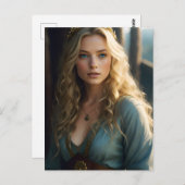 Mooie Blond Curls Vrouw in Blauw en Gouden Jurk Briefkaart (Voorkant / Achterkant)