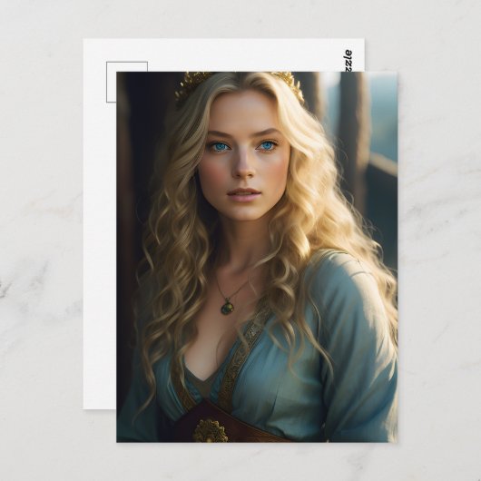 Mooie Blond Curls Vrouw in Blauw en Gouden Jurk Briefkaart (Voorkant / Achterkant)