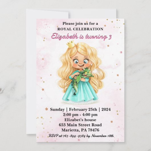 Mooie Blonde Prinses met een Draken Verjaardagsfee Kaart (Voorkant)