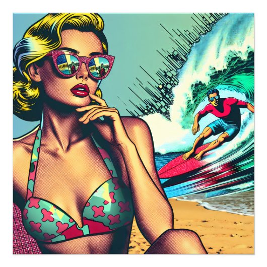 Mooie Blonde Retro Vrouw en Surfer Man Foto Afdruk (Voorkant)