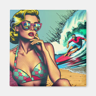Mooie Blonde Retro Vrouw en Surfer Man Magneet