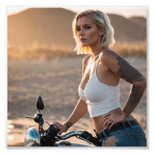 Mooie Blondine Biker Babe in Desert Foto Afdruk (Voorkant)