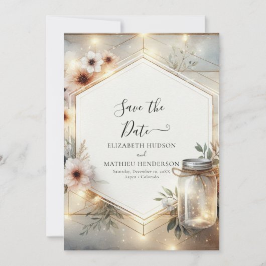 Mooie Bloom Mason Jar bruiloft Save The Date (Voorkant)