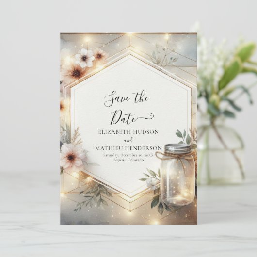 Mooie Bloom Mason Jar bruiloft Save The Date (Staand voorkant)