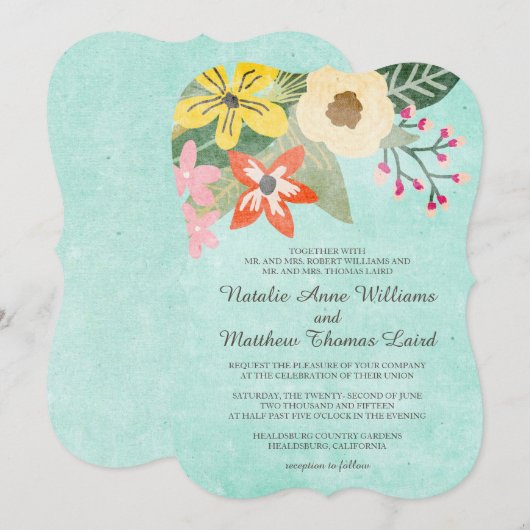 Mooie Blooms Waterverf Floral Wedding / Aqua Kaart (Voorkant / Achterkant)