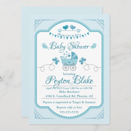 Mooie Blue Buggy Baby shower Uitnodigen Kaart (Voorkant / Achterkant)