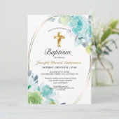 Mooie Blue Floral Gold Cross Baby Baptisme Kaart (Staand voorkant)